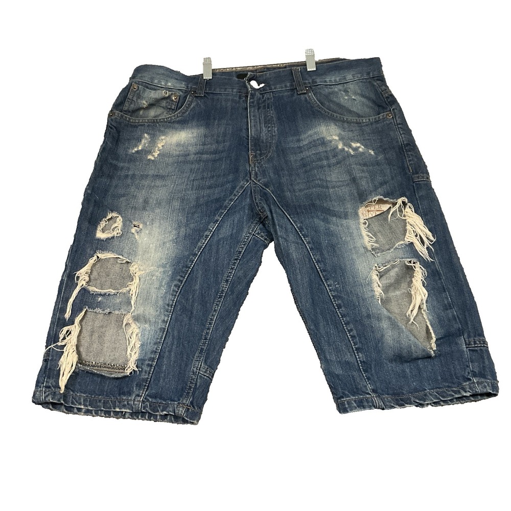 Men's Copper Rivet Blue Ripped Distressed Regular Fit Denim Shorts Size 36